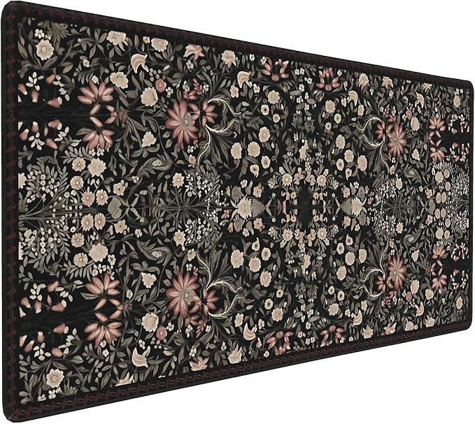 Floral Aesthetic Wildflower Gaming Mouse Pad, Black Rug Desk Mat with Anti-Slip Base & Stitched Edges,35.4" x 15.7" in Desk Accessories for Women, Home Office Decor & Artistic Gift