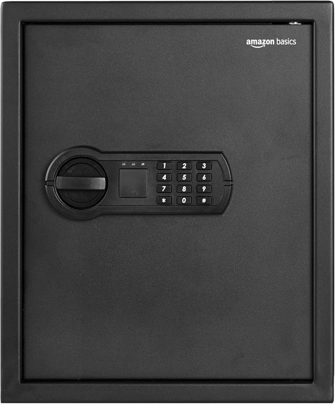 Amazon Basics Steel Home Security Safe with Electronic Keypad, Programmable Combination Lock for Documents, Jewelry, Valuables, Removable Shelf, 1.52 Cubic Feet, Black, 13.8"W x 13"D x 16.5"H