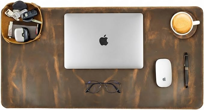 LEATHER VILLAGE Real Leather Desk Pad 3mm Thick Double Layer Desk Mat Brown | 32''x16'', Cover Blotter Large Full Grain Protector for Keyboard, Mouse & Laptop, Office Table Mat & Desktop Accessories