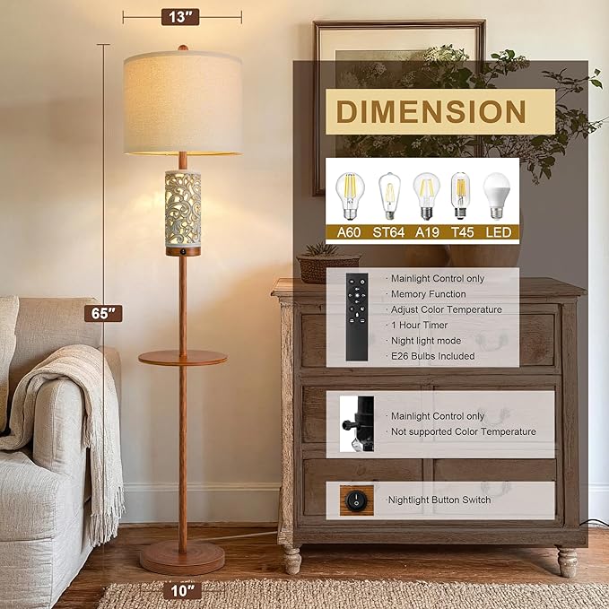 Dimmable Farmhouse Floor Lamp for Living Room, 2-in-1 Rustic Floor Lamp with Main&Night Light,Linen Shade&Dual Switches, 65" Standing Lamp for Bedroom Office Corner Dining Room, Wood Pole Lamp