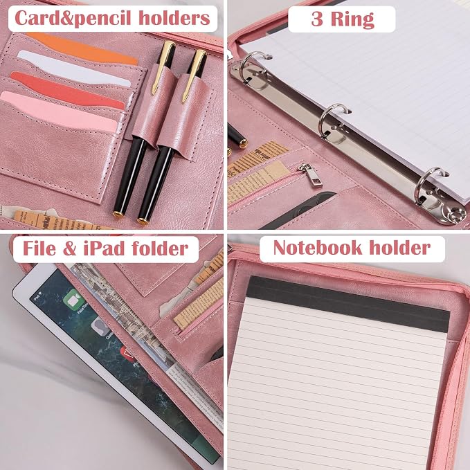 Calfinder Leather 3 Ring Portfolio Binder with Zipper, Professional Business Padfolio Organizer for Men & Women, A4 Letter Document Folder Case for Interview, Resume & 13 inch Laptop