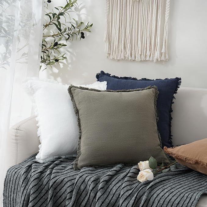 Foindtower Set of 2 Decorative Linen Fringe Throw Pillow Covers Cozy Boho Farmhouse Cushion Cover with Tassels Soft Accent Pillowcase for Couch Sofa Bed Living Room Home Decor,16×16 Inch,White
