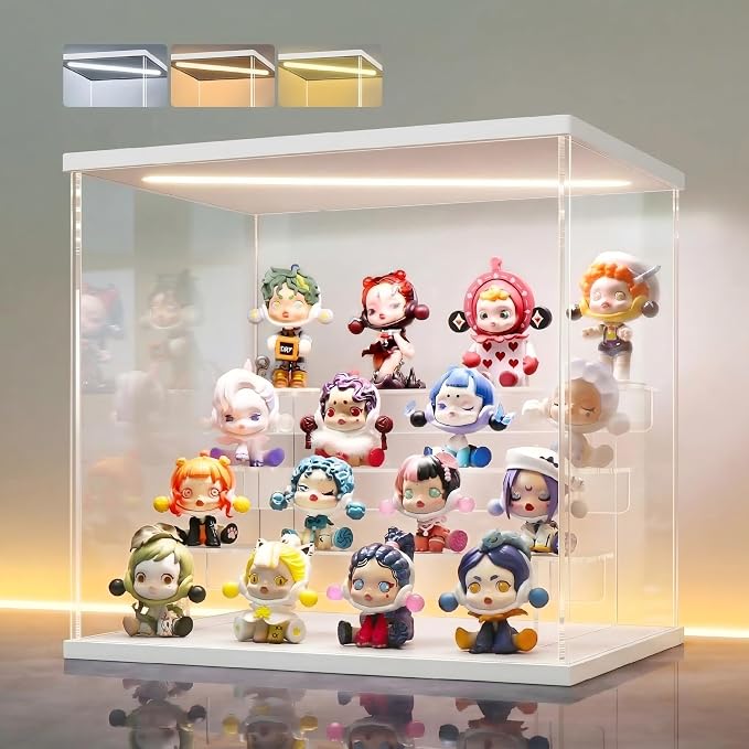 LANSCOERY Acrylic Display Case for Collectibles, 4-Tier LED Light, White | 3mm clear acrylic panels with front door access and tri-color top light for small figures on a desk or shelf.