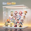 LANSCOERY Acrylic Display Case for Collectibles, 4-Tier LED Light, White | 3mm clear acrylic panels with front door access and tri-color top light for small figures on a desk or shelf.