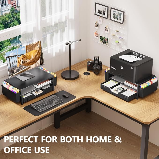 Desk Organizers and Accessories, Computer Monitor Stand Riser with Drawer and 2 Pen Holders, Printer & Laptop Stand, Office Desk Accessories & Workspace Organizers for Home Office Supplies, Black