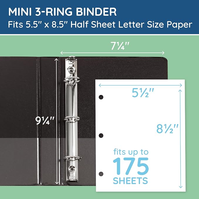 Blue Summit Supplies Small 3 Ring Binder for 5.5" x 8.5" Paper, Black 6 Pk | fits 5.5 x 8.5 in half letter paper, 1 in round rings, mini binder, clear pockets, for playbills, planners, recipes