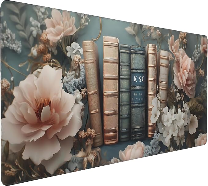 Floral Aesthetic Book Gaming Mouse Pad, Morandi Rococo Desk Mat with Anti-Slip Base & Stitched Edges, Office & Home Desk Decor for Women, 35.4" x 15.7" in Computer Desktop Mat