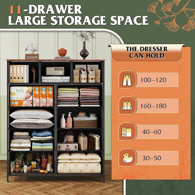 WLIVE Tall Dresser for Bedroom, Fabric Dresser Storage Tower, Chest of Drawers Organizer Unit with 11 Drawers, Storage Cabinet, Hallway, Closets, Steel Frame, Wood Top, Vintage,Floral Painted