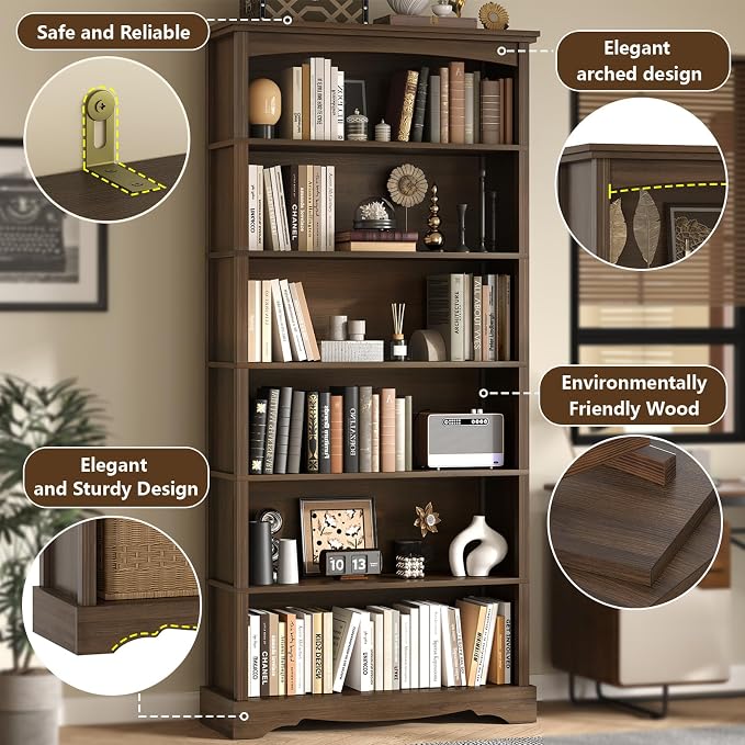 TVU 6-Tier Wooden Bookshelf, 76 Inch Tall Bookshelf with Storage, Floor Standing Modern Style Display Bookcase for Living Room, Office, Study Room, Entryway, Brown