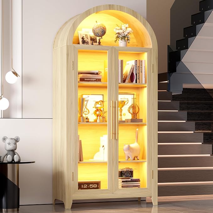 Vlsrka 71" Arched Kitchen Pantry Storage Cabinet with Glass Doors | 5-Tier Display Cabinet for Collectibles, Tall Bookcase with LED Light & Motion Sensor, Curio Cabinet with Adjustable Shelf