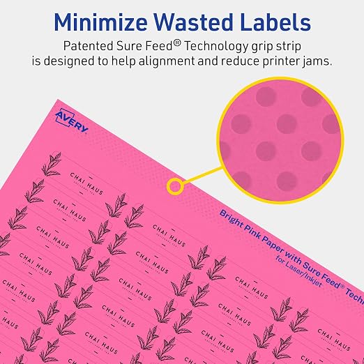 Avery Printable Rectangle Labels, Sure Feed Technology, 1/2" x 1-3/4", Bright Pink Labels, Print-to-The-Edge, Laser/Inkjet Printable, 2,400 Total, Great for Jars and More