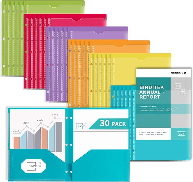 Heavy Duty Plastic Folders with Clear Front Pockets with 3 Holes, 30 Pack | Letter Size, 2 Pocket Folder for 3 Ring Binder, Card Slot, Back to School, Office & Home Organization