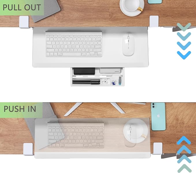 ETHU Under Desk Keyboard Tray - Small Slide Out Keyboard Shelf with C Clamp Mount, 19.7" x 11.8" Ergonomic Pull Out Tray for Home Office Desk, White