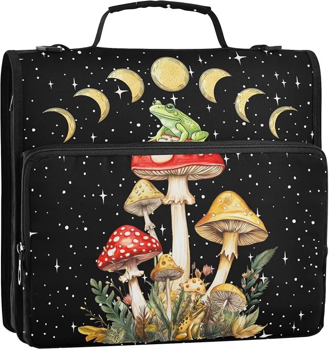 Mushroom Frog Binder Bag 3 Ring Zipper with Handle Shoulder Strap | for School Work Office Organizer Storage Case