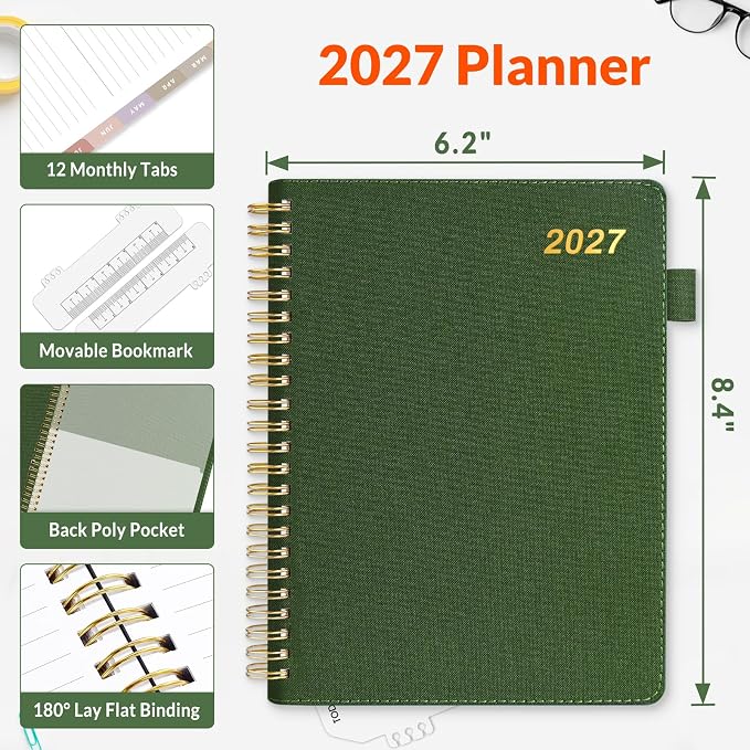 SUNEE 2027 Weekly & Monthly Planner 6.2"x8.5"- 12 Month (January 2027 - December 2027), Vegan Leather Cover, Pocket, Bookmark, Notes, Monthly Tab, Deep Green