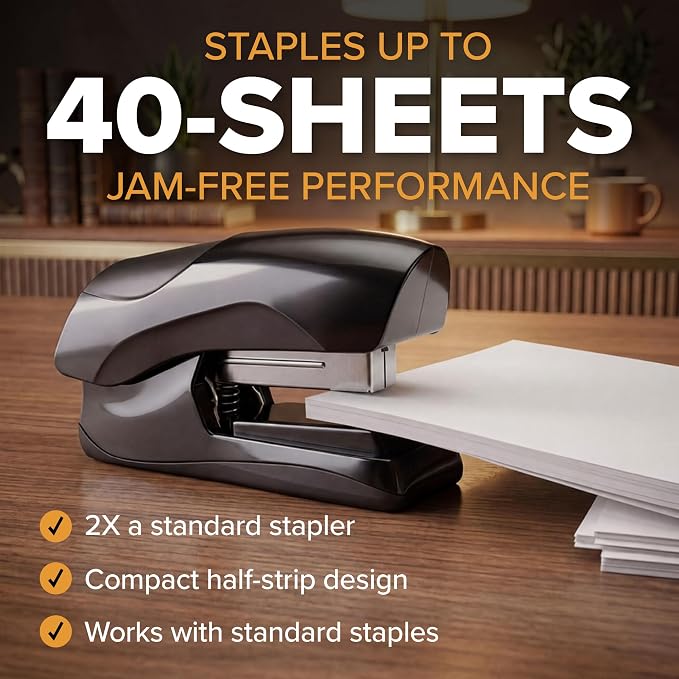 Bostitch Office Heavy Duty Stapler, 40 Sheet Capacity, No Jam, Half Strip, Fits into the Palm of Your Hand, for Classroom, Office or Desk, Charcoal