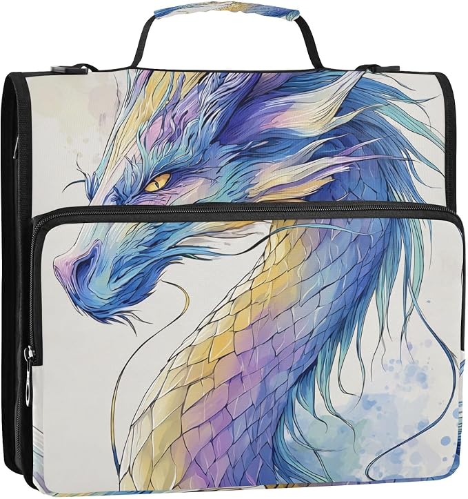 3 Ring Zipper Binder with Shoulder Strap Colorful Dragon 2 Inch Zippered Binder Bag 500 Sheet Capacity Multi Pockets for School Supplies