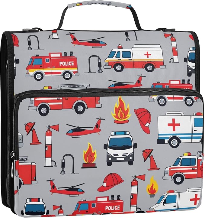 Fire Engine Car Truck 3 Ring Binder Bag 1.5 inch Binder Organizer with Zipper Shoulder Strap 500 Sheet Documents Storage for School Office