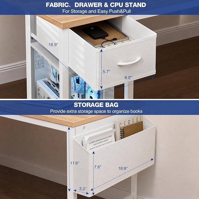 Grandder Computer Desk 40 Inch with Power Outlet and LED Light Oak | Gaming Desk with Reversible Shelves and Storage Drawer, Pc Small Desk for Home Office Table with Bag