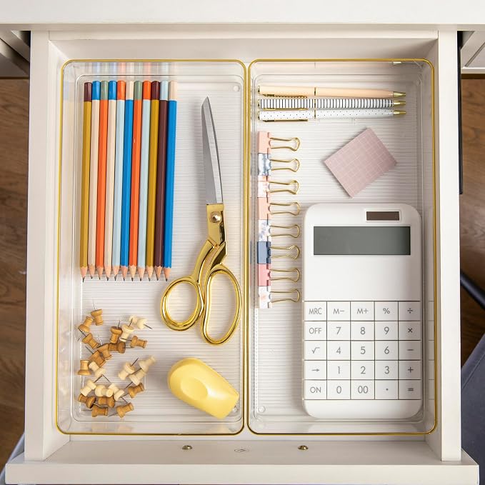 Martha Stewart Kerry Stackable Desk Drawer Organizers, Clear/Gold, 3-Pack | 12x6 in Organizers, Gold Trim, Stackable