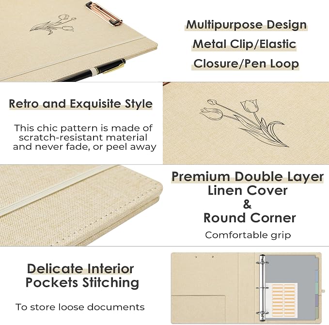 EYROZILL 3 Ring Binder 2 Inch, Binder for Letter Size (11" x 8.5") with 5 Tab Dividers, File Folder Labels and Low Profile Clipboards, Tulip White