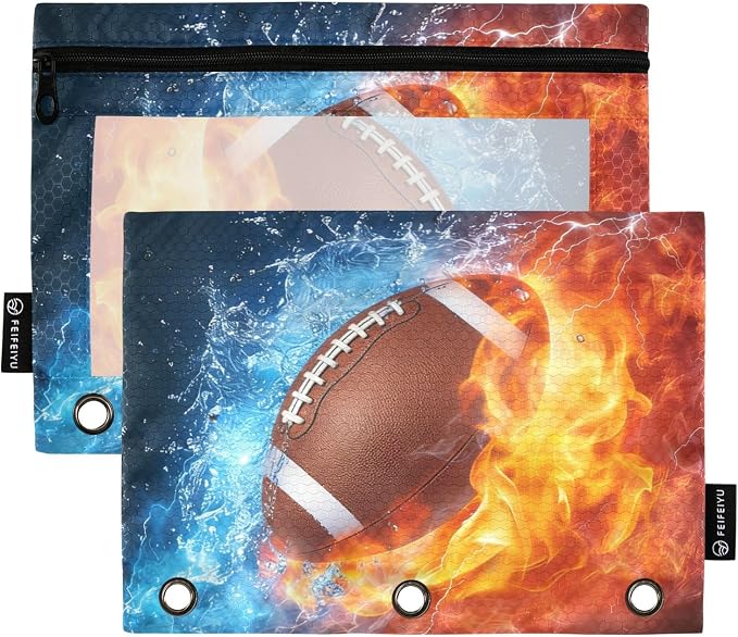 American Football Fire Water Pencil Pouch for 3 Ring Binder, 2 Pack Waterproof Pencil Bags Clear Window Pencil Case Zipper School Office Supplies