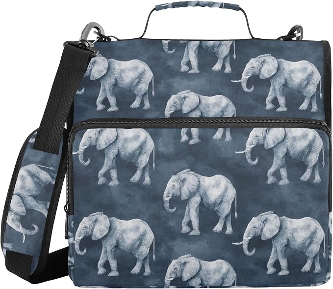 Fisyme Grey Vintage Elephant Zipper Binder 3 Ring with Zipper and Shoulder Strap Large Capacity Multi-Pocket Binder Organizer