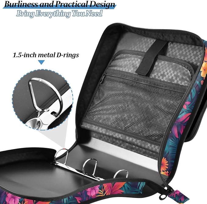 Orange Red Hibiscus Flower Zipper Binder 3 Ring with Handle and Shoulder Strap, 500 Sheet Binder Organizer Capacity & Multi-Pockets for School Office