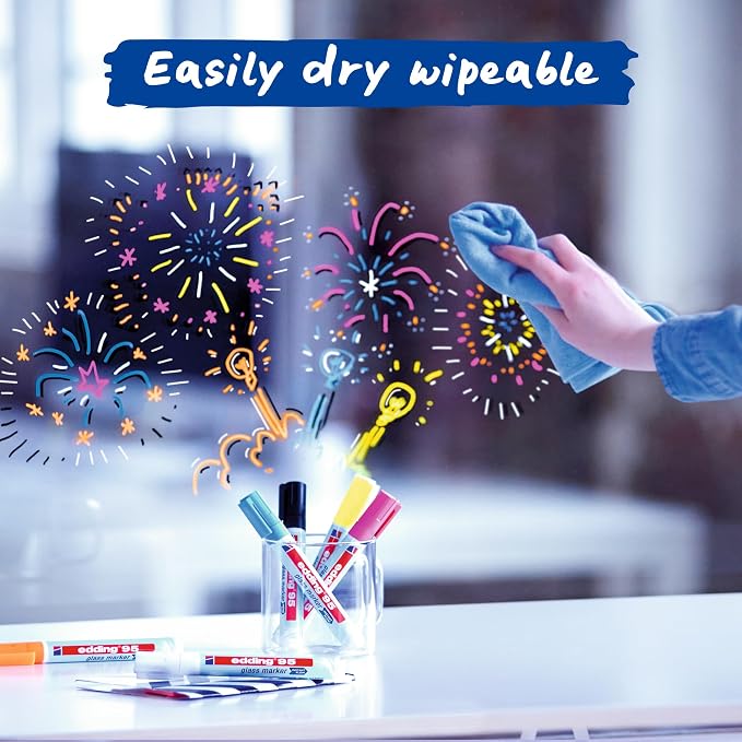 edding 95 Glass Marker - Multi-Colored - 6 Glass pens - Round Nib 1.5-3 mm - Washable Window Marker Pen - for Writing and Marking on Glass Surfaces, Windows, glassboards, whiteboards - Dry-wipeable