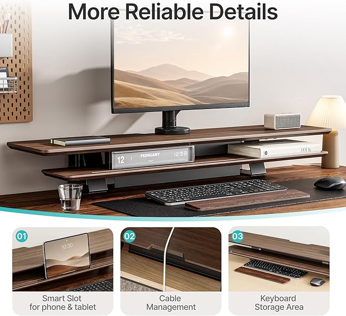 Dual Clamp-On Wooden Monitor Stand, 41.7" 2-Tier Desk Riser Organizer | Monitor Stands Riser for 2 Monitors，Magnetic Back Panel,Fit Computer & Laptops,for Home Office