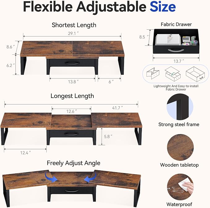 Desk Organizers and Accessories, Dual Monitor Stand Riser with Drawer, Computer Monitor Stand, Adjustable Desk Shelf for PC Laptop Printer TV, Brown