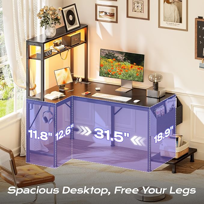 L Shaped Gaming Desk with LED Lights & Power Outlets | Reversible Computer Desk with Storage Shelves & Bag, Small Corner Home Office Desk with Pegboard for Work from Home, Black