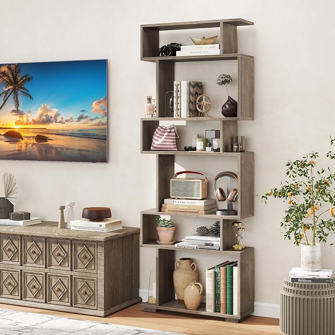 Tangkula 6-Tier S-Shaped Bookshelf, 64" Freestanding Geometric Bookcase, Home Office Wood Storage Shelf with Anti-Toppling Device, Room Divider Display Rack for Study Living Room (1, Grey Oak)