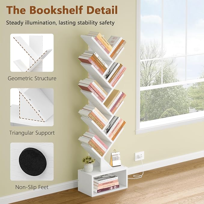Hoctieon 9 Tier Tree Bookshelf, Tall Bookcase, Freestanding Book Shelf with LED Lights, Display Floor Standing Storage Shelf, Book Organizer Shelves for Home Office, Living Room, White