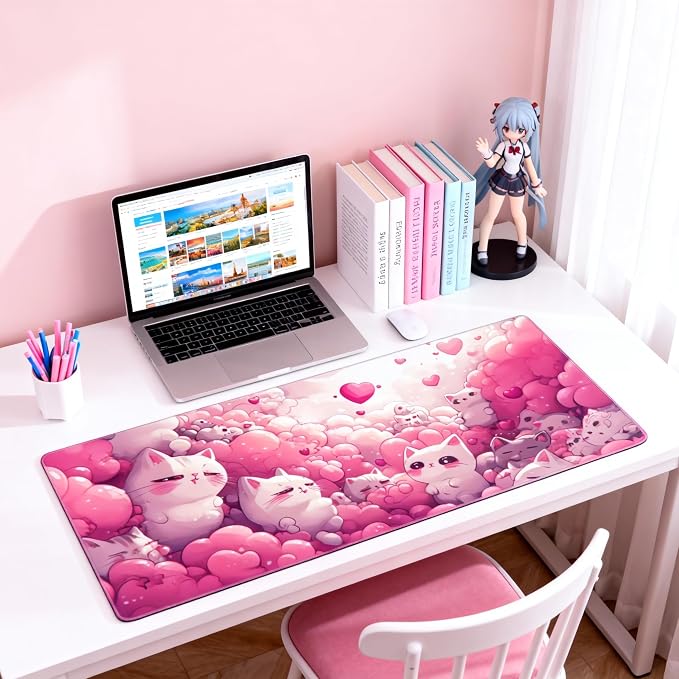 Cute Anime White Cat Gaming Mouse Pad, Pink Dreamy Desk Mat with Anti-Slip Base & Stitched Edges, Computer Keyboard & Laptop Pad, 35.4" x 15.7" in in Workstation Accessories