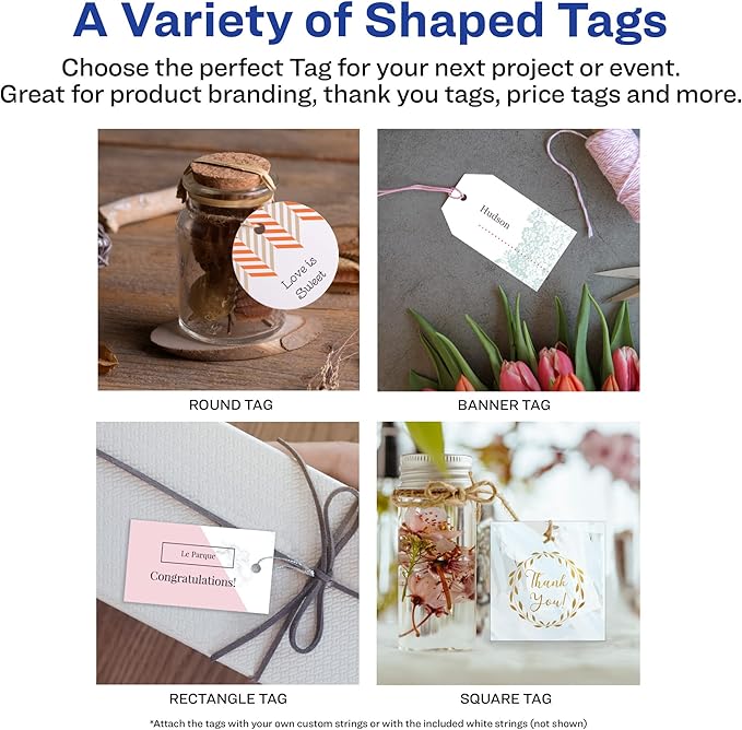 Avery® Square Tags, Sure Feed® Technology, 2" x 2", Matte White, Strings Included, 120 Total, Print-to-the-Edge, Laser/Inkjet Printable (80513)