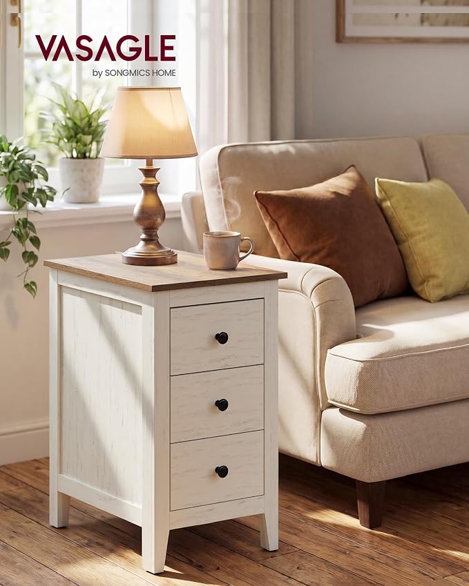 VASAGLE Side End Table with 3 Storage Drawers, Nightstand Farmhouse | Narrow Bedside Table for Living Room, Bedroom, Home Office, Rustic White and Honey Brown, LIRY Collection ULET132W101S