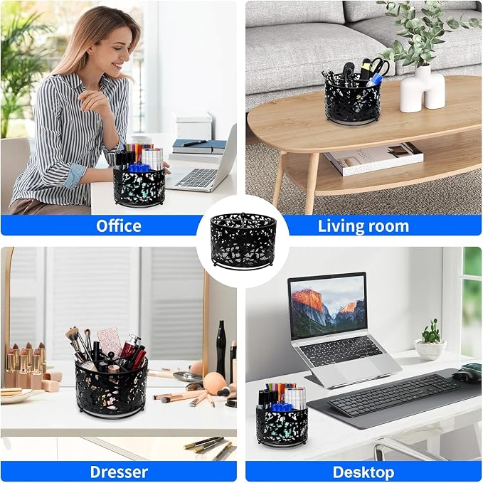 Pen Holder for Desk,360 Degree Rotating Pencil Holder Organizer | 4 Compartments,Large Capacity Pencil Holder for Desk,Metal Rust Prevention Pen Organizers(Bird Lace Pattern,No Hook)