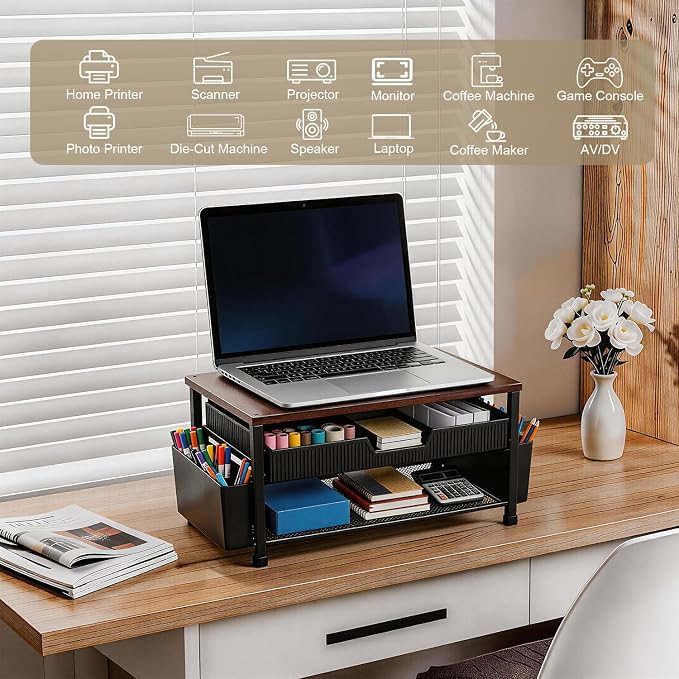 Printer Stand for Desk, Desk Organizer with Storage, Desktop Printer Table for Home Office, Multi-Purpose Shelves for Home Printer, Fax Machine, Scanner, Die-Cut Machine (Brown)