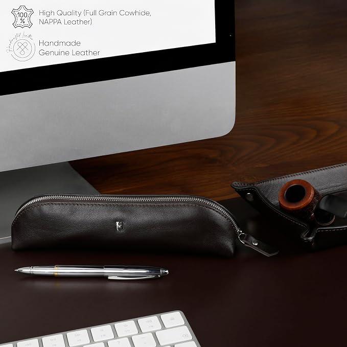 3-Pc Premium Full-Grain Leather Desk Organizer Set | Mat, Pencil Case & Tray | Chic Decor Accessories | Gift for Christmas, Birthday & Anniversary, Brown