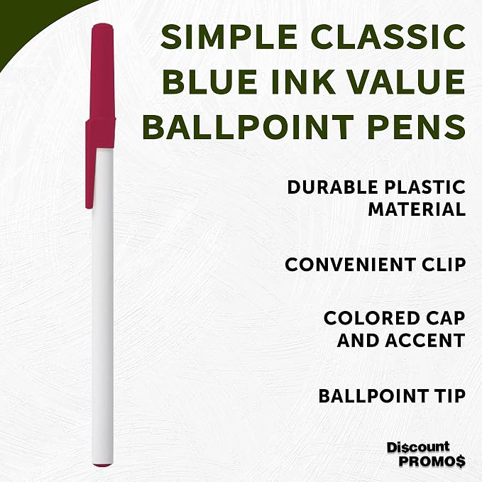 DISCOUNT PROMOS Value Stick Pens Set of 10, Bulk Pack - Blue Ink, Great for Office, School, Business, Tradeshows, Events - Burgundy Cap