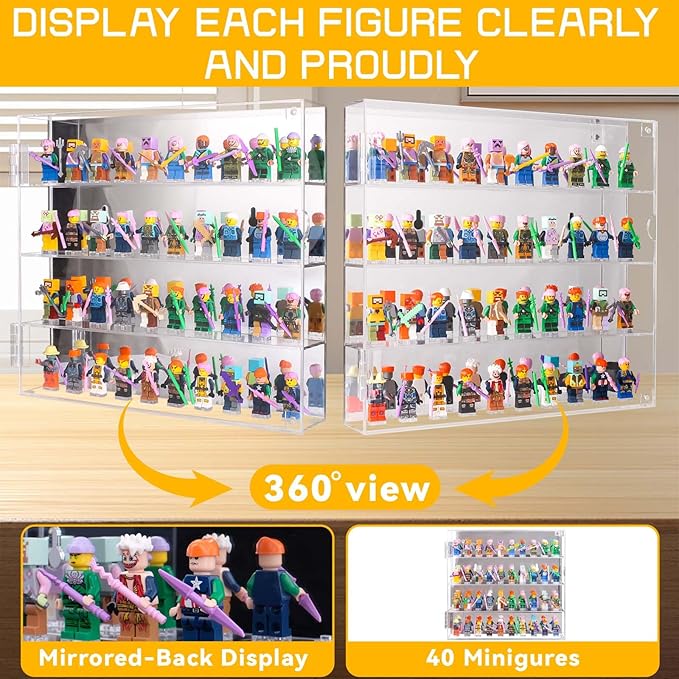 Acrylic Minifigure Display Case, Clear Display Cases for Collectibles with Mirrored, Figure Building Blocks Shadow Box, Small Anime Figure Thimble Showcase Holds 40 Minifigs (Figure not Included)