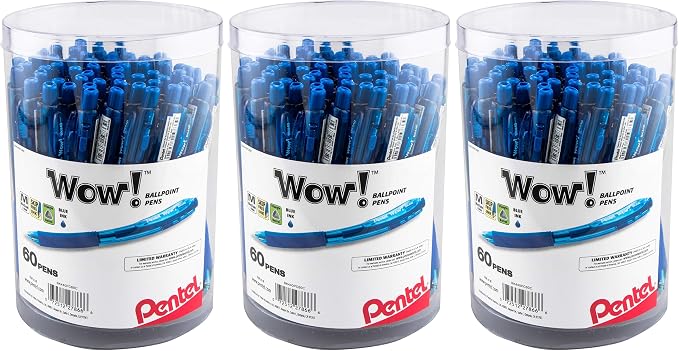 Pentel WOW! Ballpoint Pen, (1.0mm) Medium Line, Blue Ink 60 Count, Canister (BK440PC60C) (Pack of 3)