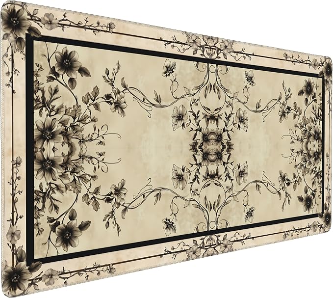Floral Aesthetic Rose Gaming Mouse Pad, Earth Black Rug Desk Mat with Anti-Slip Base & Stitched Edges, Computer Keyboard & Laptop Pad, 35.4" x 15.7" in in Workstation Accessories