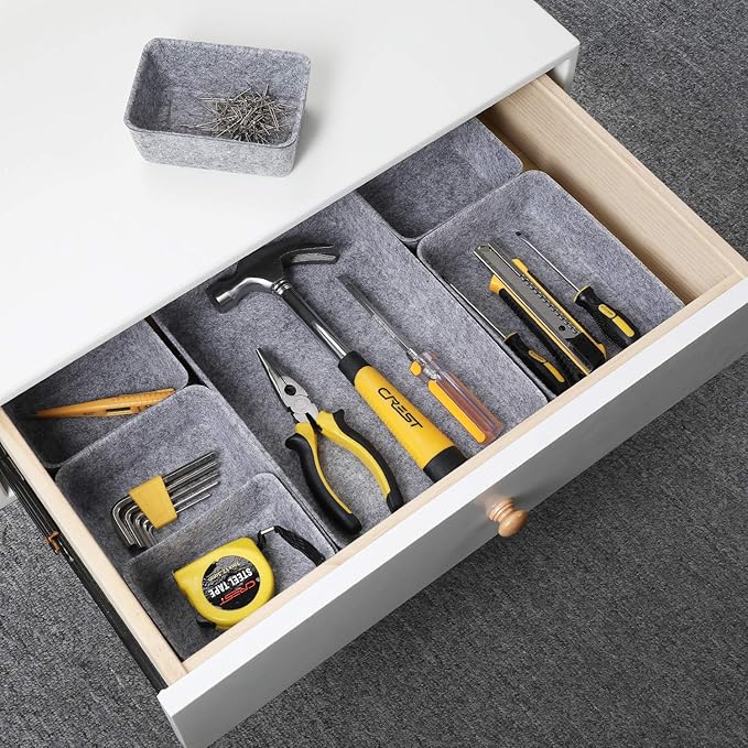 7pc Felt Desk Drawer Organizers Trays Gray Office Home Storage Bins