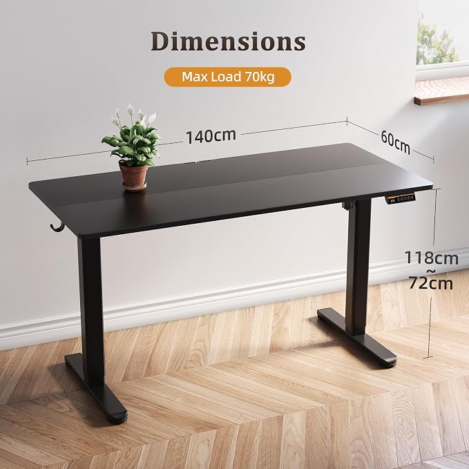 Claiks Electric Height Adjustable Standing Desk, 55x24 Inch, Black | Smooth Height Adjustment, 3 Memory Presets, Cable Management Hub&Hook, Stable Steel Frame, 176lbs Capacity, Easy Assembly