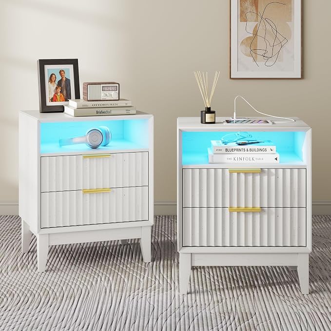 LED Nightstand Set of 2, RFID Lock, Charging Station, White | Bedside Table with Hidden Drawer, 2 Drawers, Open Cubby, Motion Sensor, USB and Type-C Ports, Night Stand for Bedroom