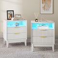 LED Nightstand Set of 2, RFID Lock, Charging Station, White | Bedside Table with Hidden Drawer, 2 Drawers, Open Cubby, Motion Sensor, USB and Type-C Ports, Night Stand for Bedroom