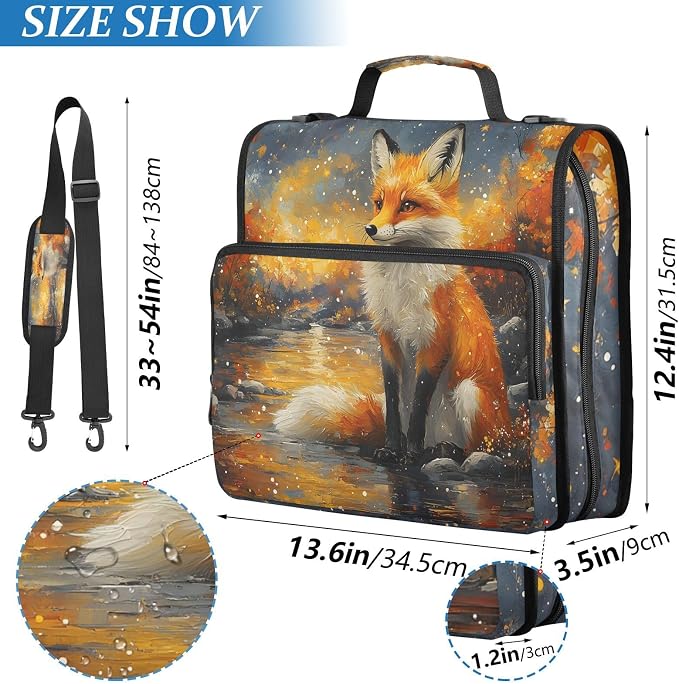 3 Ring Zipper Binder with Shoulder Strap Funny Magic Fox 2 Inch Zippered Binder Bag 500 Sheet Capacity Multi Pockets for School Supplies