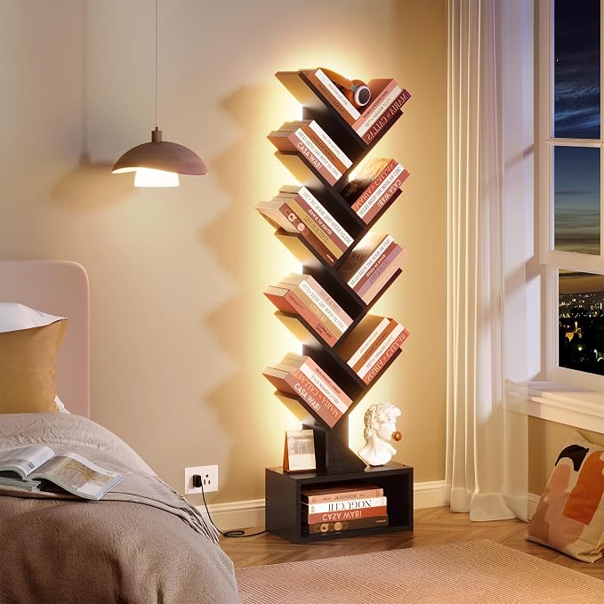 Hoctieon 9 Tier Tree Bookshelf, Tall Bookcase, Freestanding Book Shelf with LED Lights, Display Floor Standing Storage Shelf, Book Organizer Shelves for Home Office, Living Room, Black